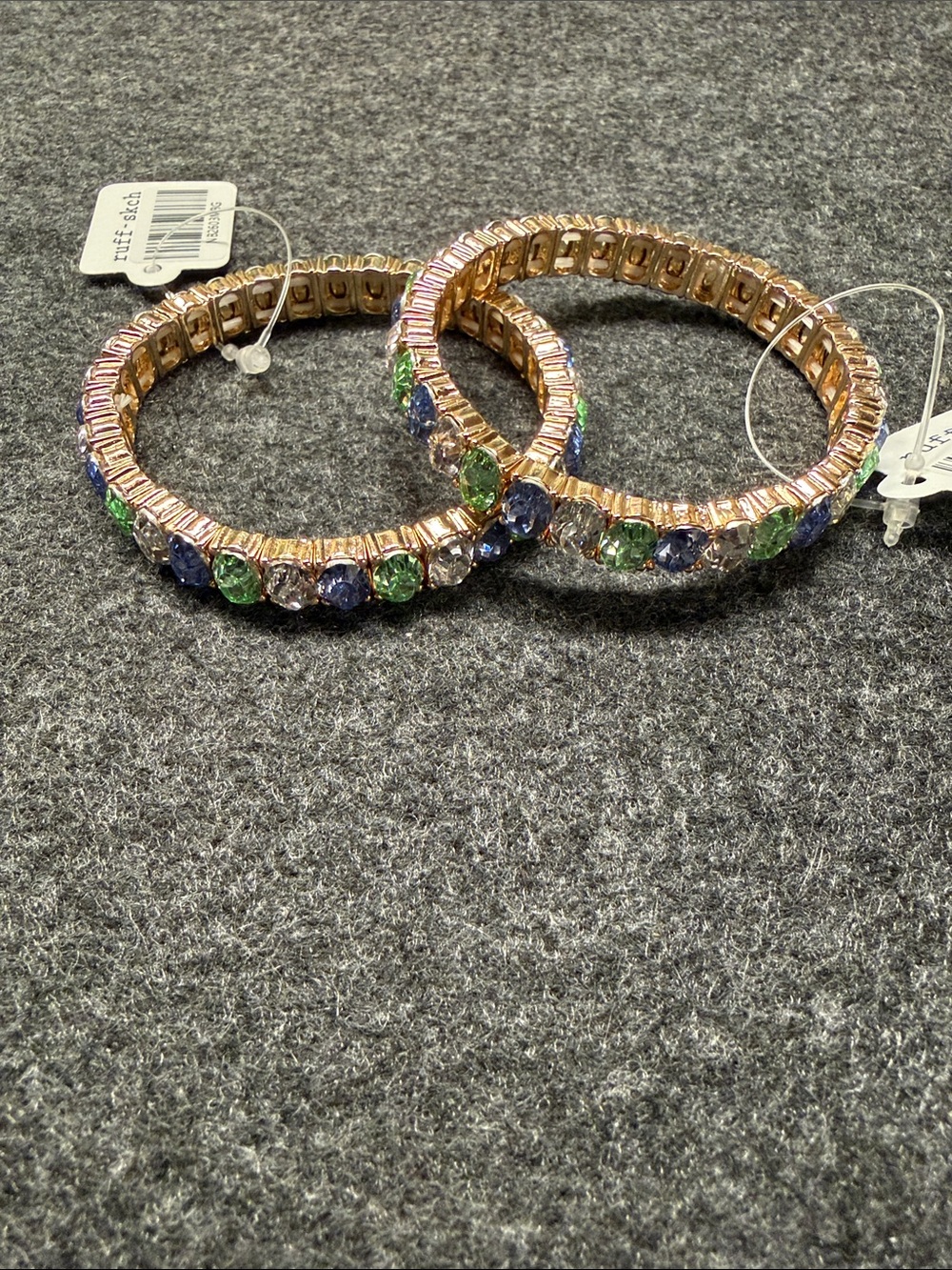 TWO Gold Stretch Bracelet with Blue, Green and Clear Stones
